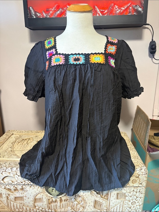 Tops - Black Peasant Blouse with Multicolor Crochet Yoke